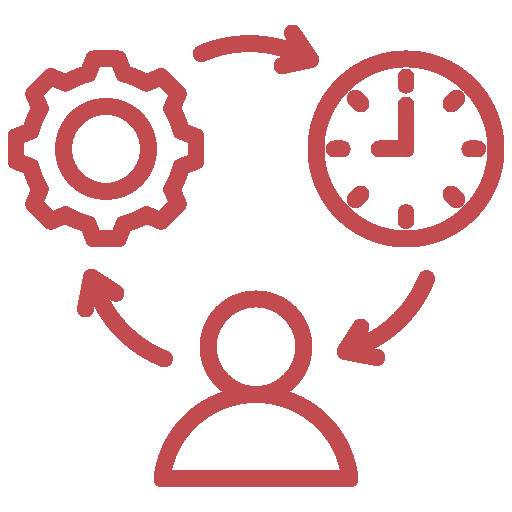 Red outlined icons of a gear, a clock, and a person connected by arrows, representing workflow, time management, or productivity—perfect for illustrating an About page focused on efficiency and streamlined processes.
