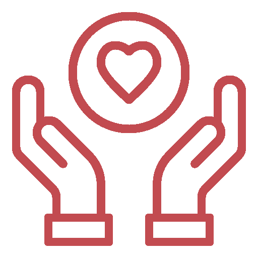About icon: Red outline of two raised hands beneath a circle with a heart inside, all displayed in front of a cross.