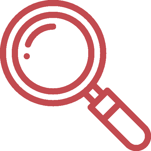 Red outlined magnifying glass icon, often used for About sections, featuring a circular lens and a handle pointing to the lower right.